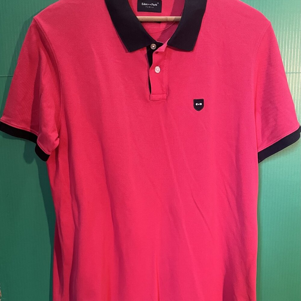 Eden Park Paris Polo Shirt Men’s Large 100% Pima Cotton Coral Red Navy Collar Pe